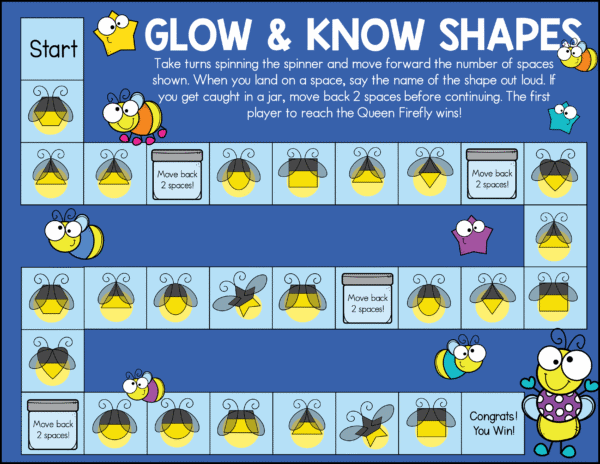 "Alternate version of Glow & Know Shapes board game with colorful shapes and bee characters."
