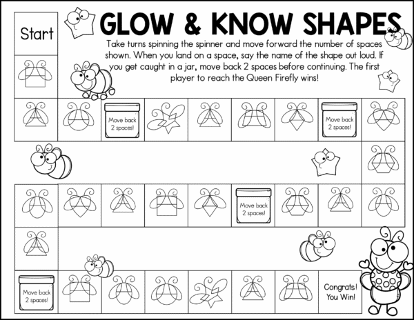 "Black and white Glow & Know Shapes board game with shape icons and instructions."