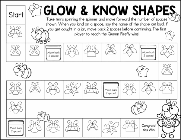 "Second black and white version of Glow & Know Shapes game board with bee and shape icons."
