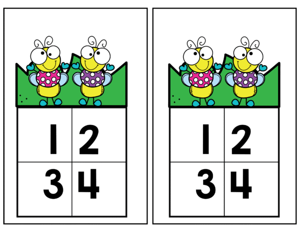 "Color spinner cards for Glow & Know Shapes with numbers 1 to 4 and cartoon fireflies."