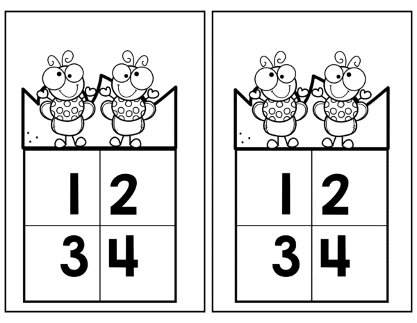 "Black and white spinner cards with numbers 1 to 4 and firefly illustrations."