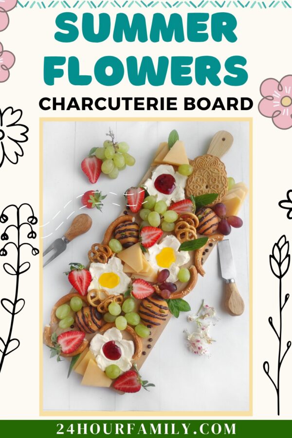 Charcuterie board on a floral-themed poster labeled Summer Flowers