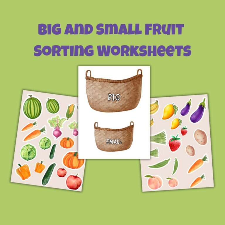 free worksheets to learn big and small sorting fruits