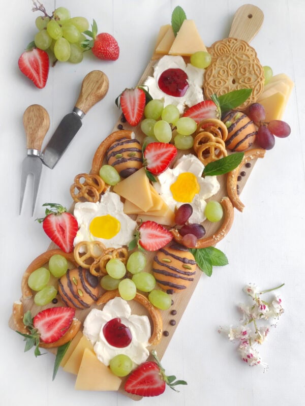 flower blossoms charcuterie fruit and cheese tray