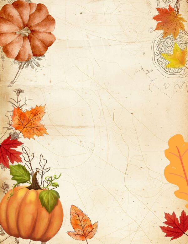 Pumpkin and autumn leaves border on a lightly textured beige background