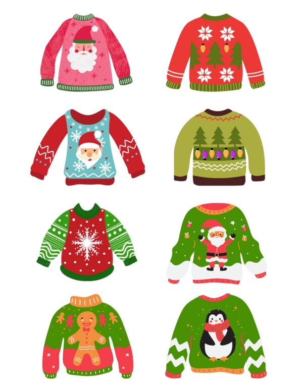 Collection of eight colorful ugly Christmas sweaters with festive designs