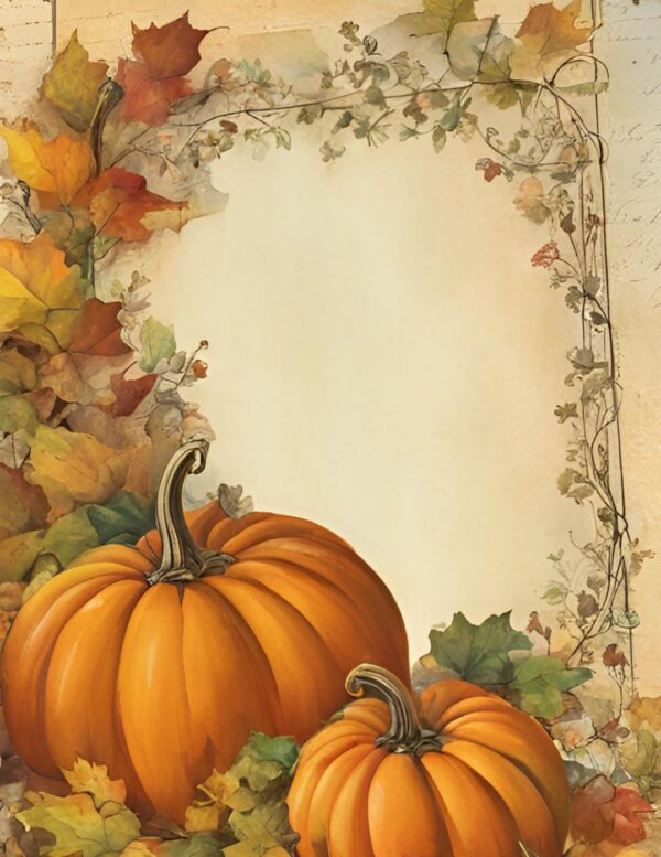 Two pumpkins surrounded by golden autumn leaves and a blank center frame