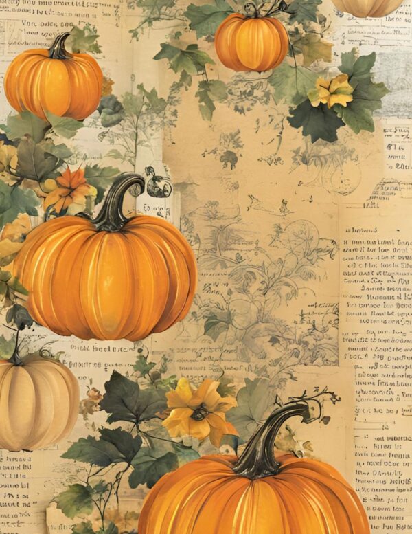 Vintage collage with large pumpkins, yellow flowers, and botanical sketches