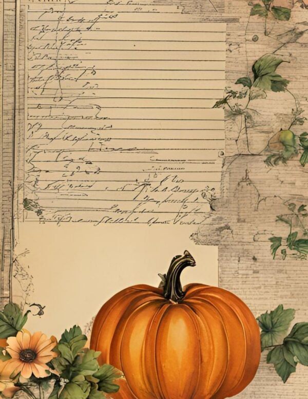 Lined journal page with a pumpkin and floral corner on a textured background