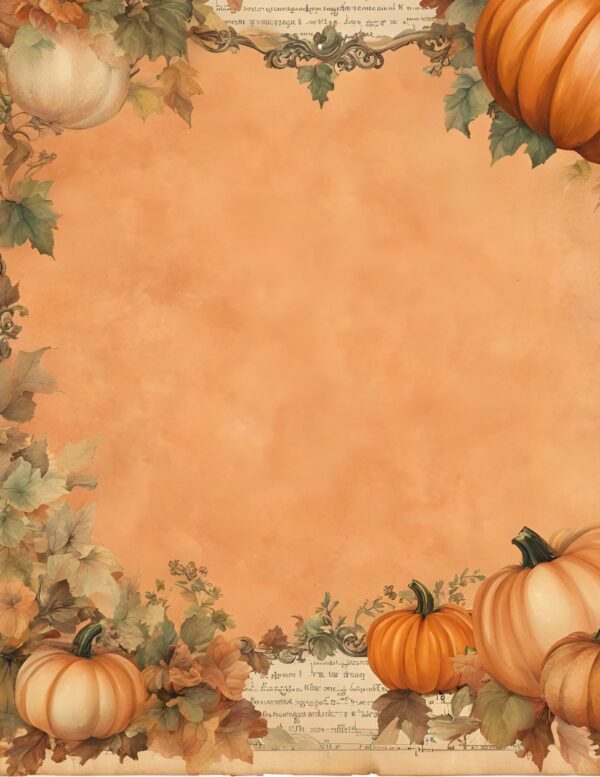 Orange background framed with pumpkins, leaves, and vintage borders