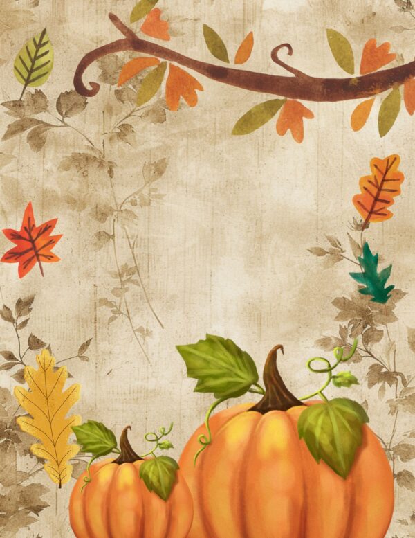 Two pumpkins with leafy vines and colorful falling leaves