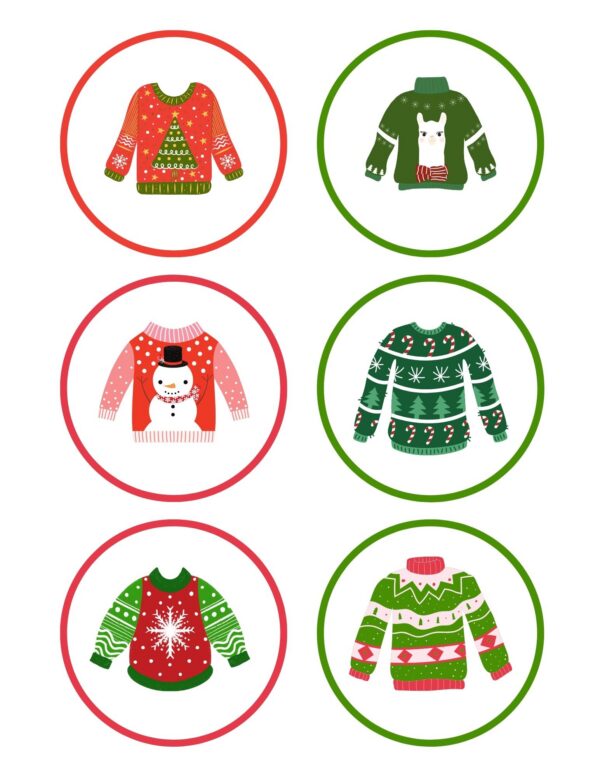 Round labels with six different ugly Christmas sweater designs in red and green circles