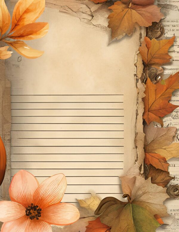 Torn paper journal layout with orange leaves, flowers, and lined space for writing