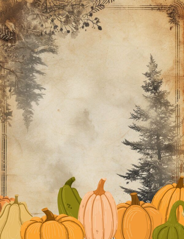 Variety of pumpkins with vintage trees and foliage in the background