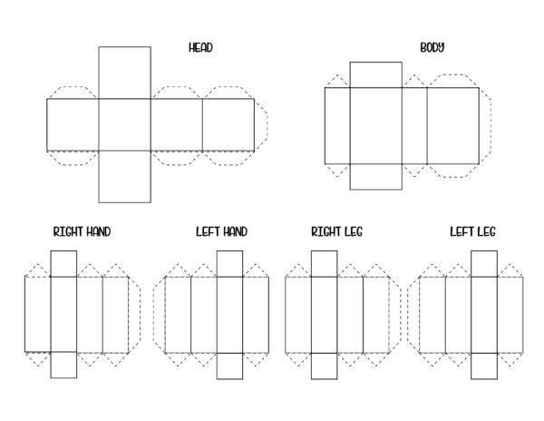 Blank Minecraft 3D paper doll template with outlined head, body, hands, and legs