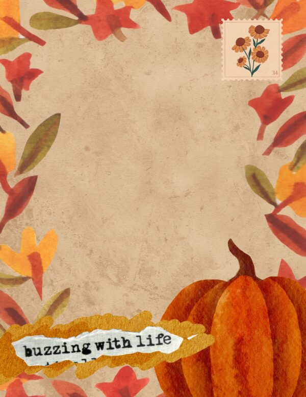 Orange pumpkin with floral border and the phrase "buzzing with life"