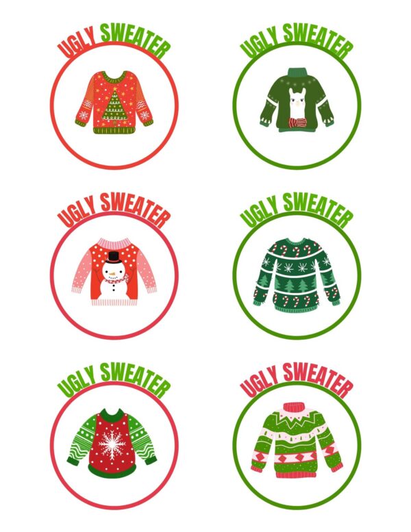 Round labels with ugly Christmas sweaters and “Ugly Sweater” text in red and green