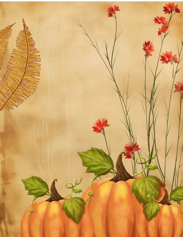 Trio of pumpkins with green leaves and tall red flowers