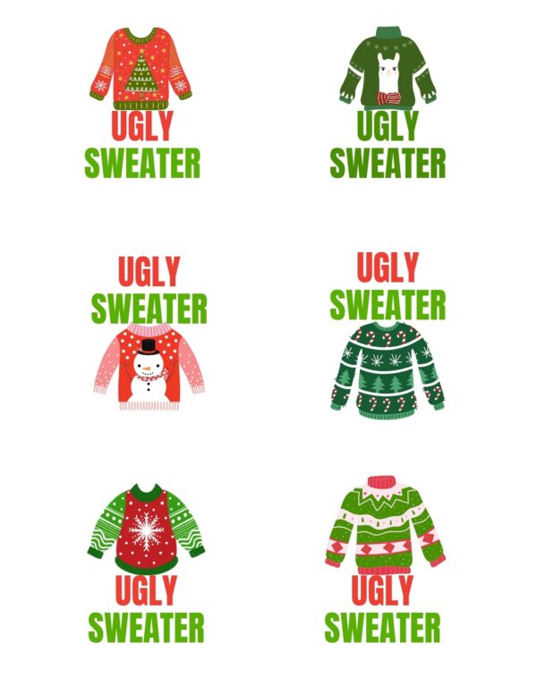 Set of six ugly Christmas sweaters Toppers with “Ugly Sweater” text in green and red