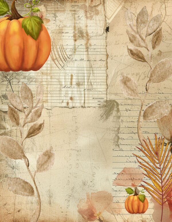 Collaged vintage paper textures with pumpkins and brown leaves