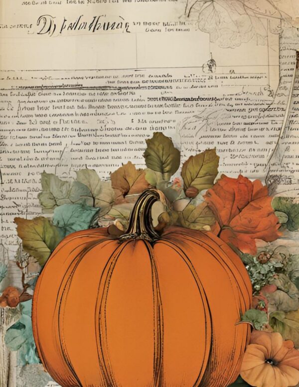 Large orange pumpkin with vintage script and fall leaves