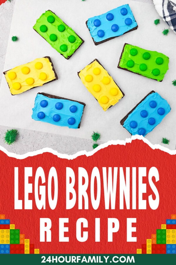 LEGO brownies arranged on parchment paper with a red graphic border and recipe title at the bottom