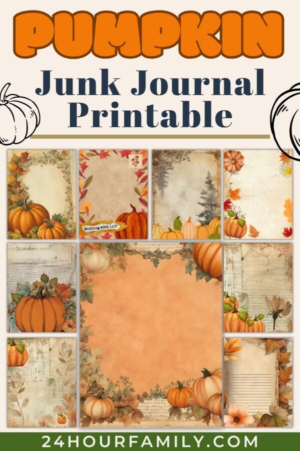 Assorted pumpkin-themed autumn journal pages with vintage textures and floral accents