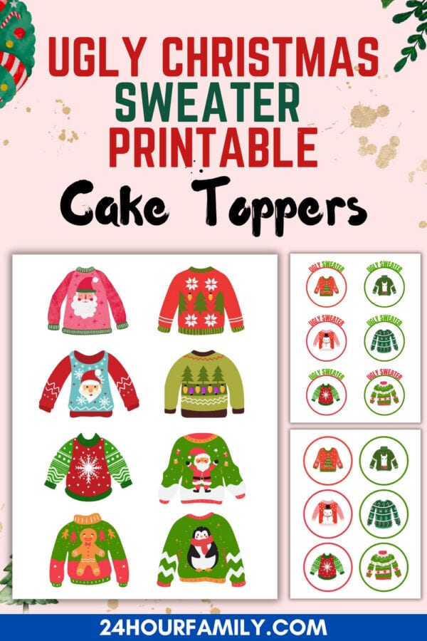 Ugly Christmas sweater printable cake toppers with different sweater designs and round labels