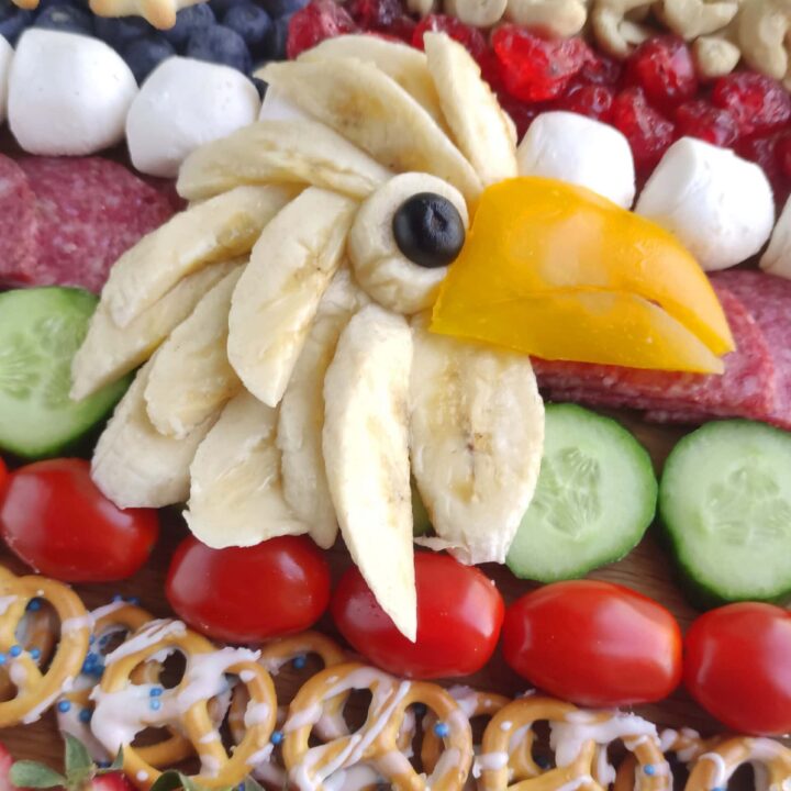 patriotic charcutere board with a bald eagle made from fruit