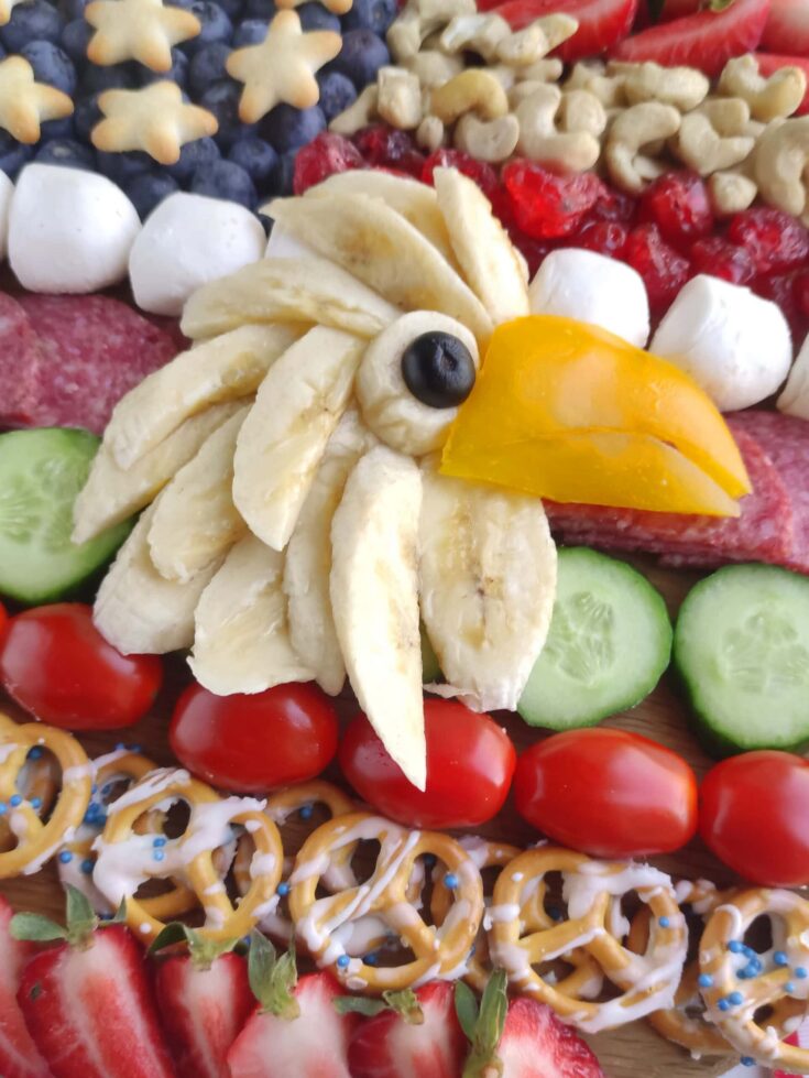 patriotic charcutere board with a bald eagle made from fruit
