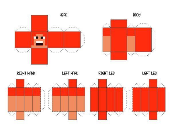 Minecraft 3D paper doll template with orange character pieces labeled head, body, hands, and legs