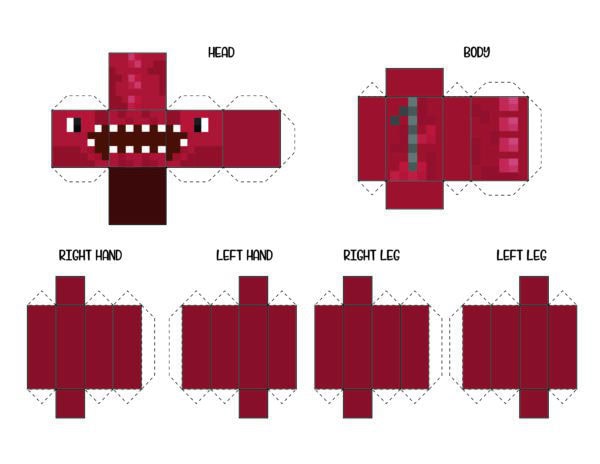 Minecraft 3D paper doll template with orange character pieces labeled head, body, hands, and legs