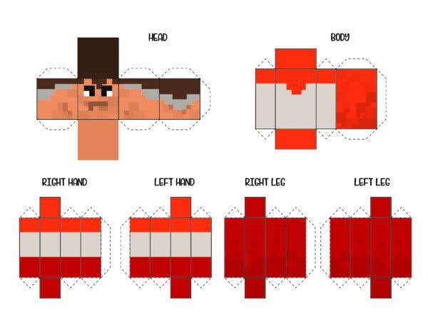 Minecraft 3D paper doll template with orange character pieces labeled head, body, hands, and legs