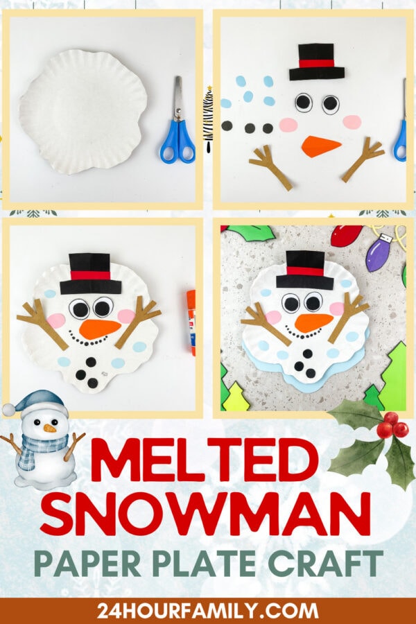 Step-by-step collage showing how to make a melted snowman paper plate craft