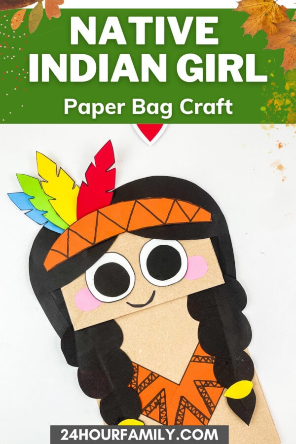Paper bag craft girl with black braids and feathers, displayed with green title banner.