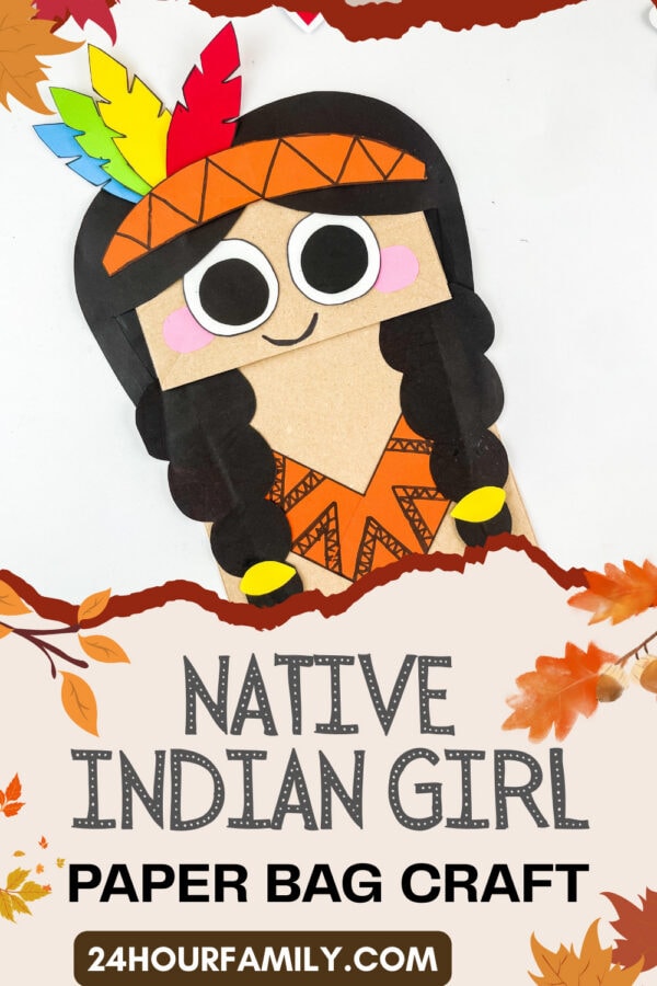 Paper bag craft of a Native Indian girl with braids, headband, and colorful feathers.