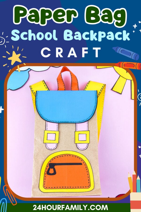 Paper bag school backpack craft with colorful cutouts on a pink background