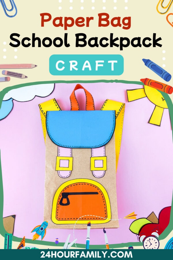 Paper bag school backpack craft with decorative border and text