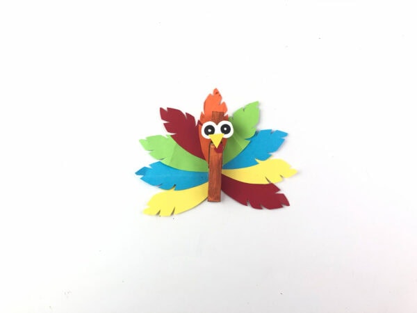 Completed turkey clothespin craft with colorful feathers.