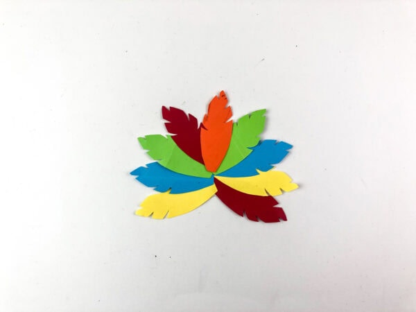 Paper feathers layered in a star shape.