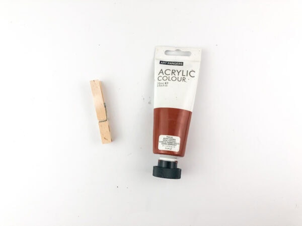 Plain clothespin and brown acrylic paint tube.