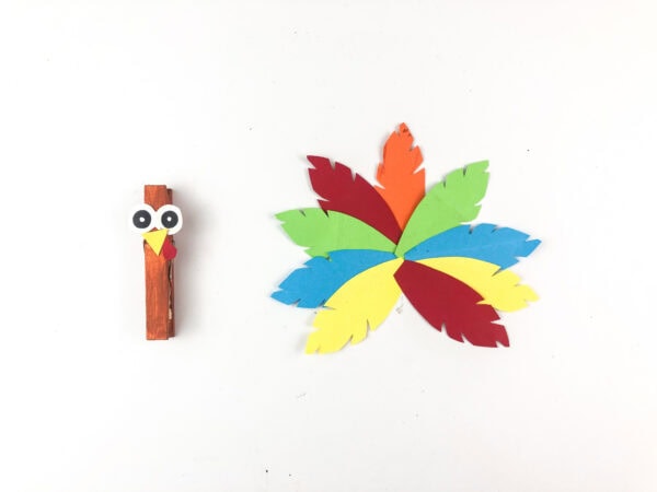 Painted clothespin turkey face next to feather arrangement.