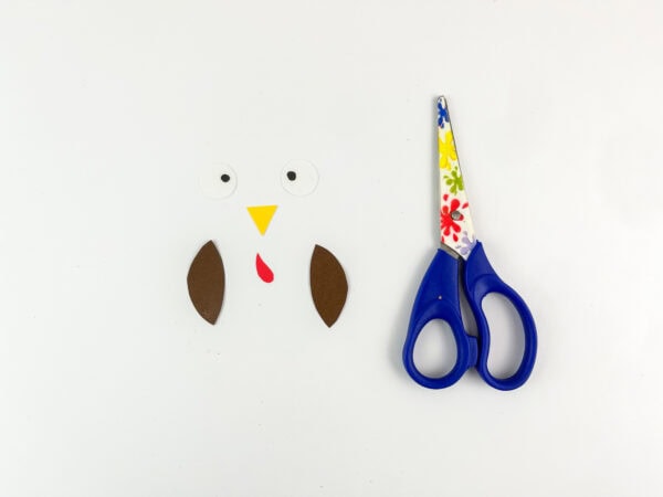 Cut-out shapes for eyes, beak, wings, and wattle with scissors.