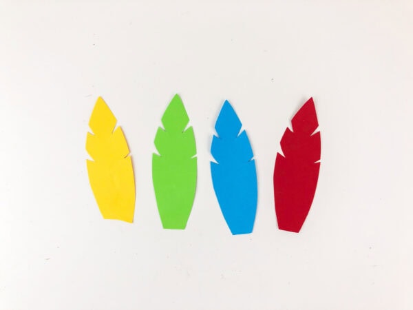 Four paper feathers in yellow, green, blue, and red.