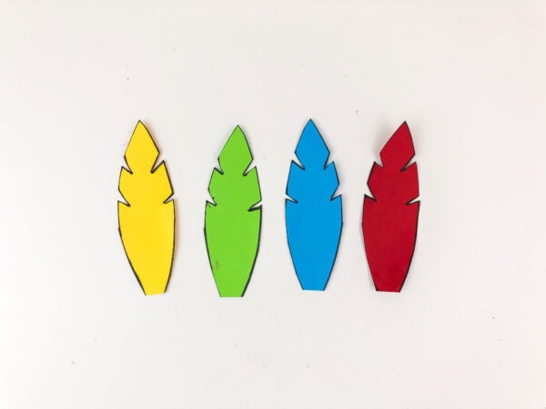 Outlined feathers in yellow, green, blue, and red.