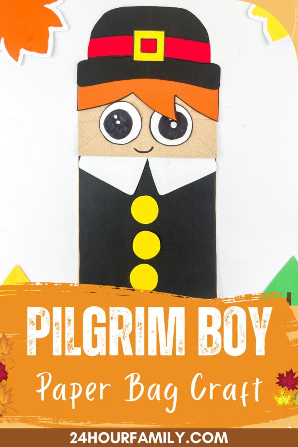Pilgrim boy paper bag craft with hat, buttons, and fall leaf border