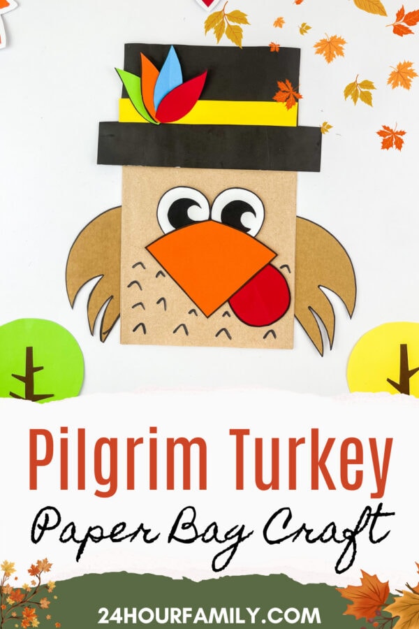 Pilgrim turkey paper bag craft with colorful feathers, black hat, and orange beak, surrounded by autumn-themed paper decorations.