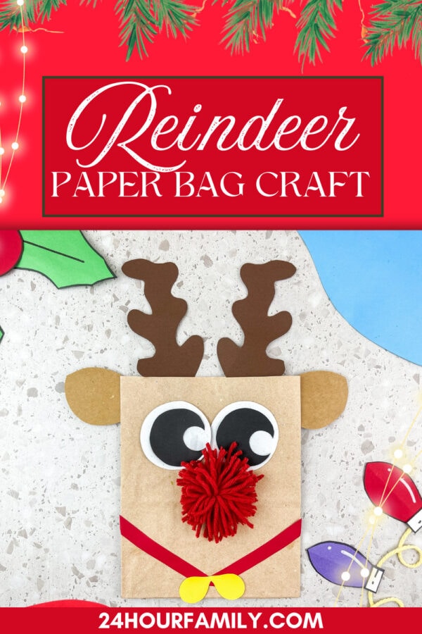 Reindeer paper bag craft with antlers, googly eyes, and red yarn nose.