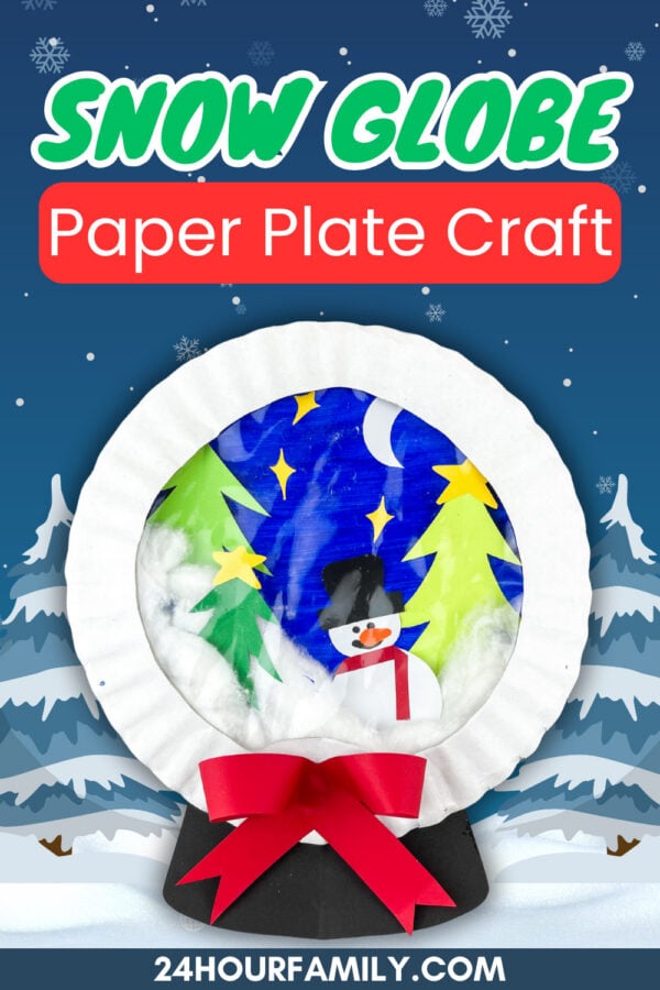 Snow globe paper plate craft with text "Snow Globe Paper Plate Craft"