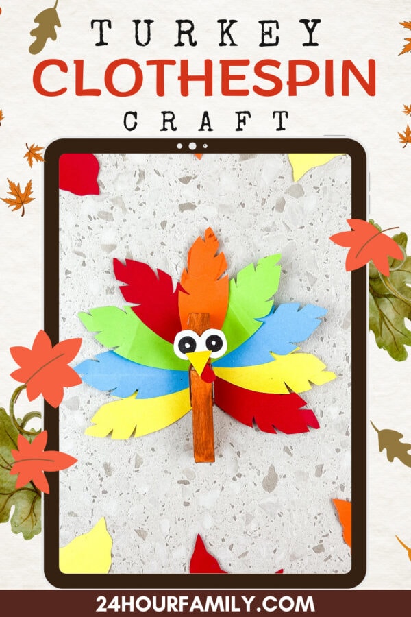 Colorful turkey clothespin craft with paper feathers